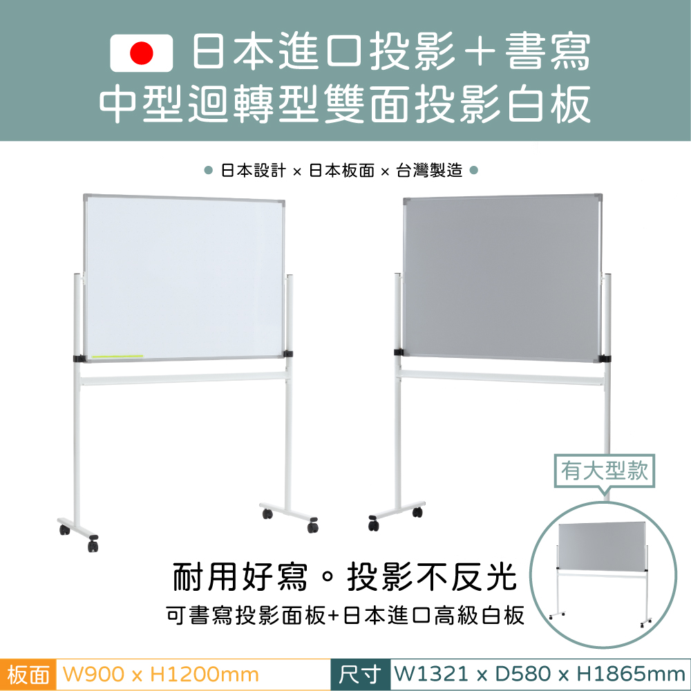 日本進口投影+書寫中型迴轉型雙面投影白板日本設計  日本板面  台灣製造 耐用好寫。投影不反光可書寫投影面板+日本進口高級白板板面 W900  H1200mm有大型款尺寸 W1321 x D580 x H1865mm